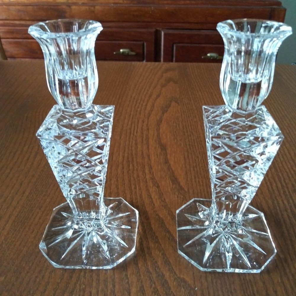 Kusak Signed Cut Glass Candle Holders